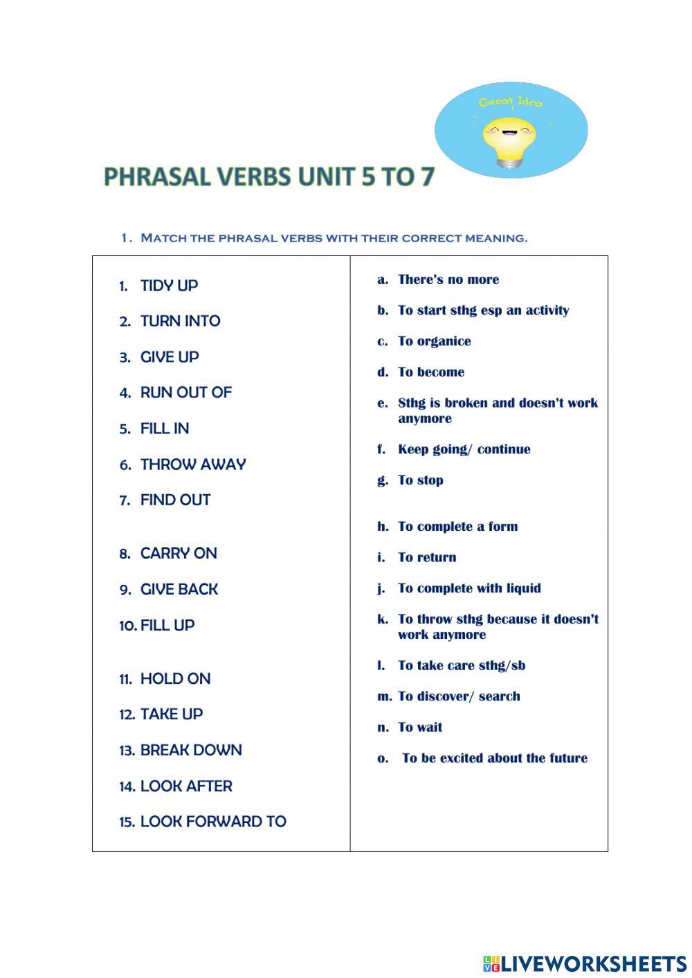 Phrasal verbs Personal Best unit 5 to 7