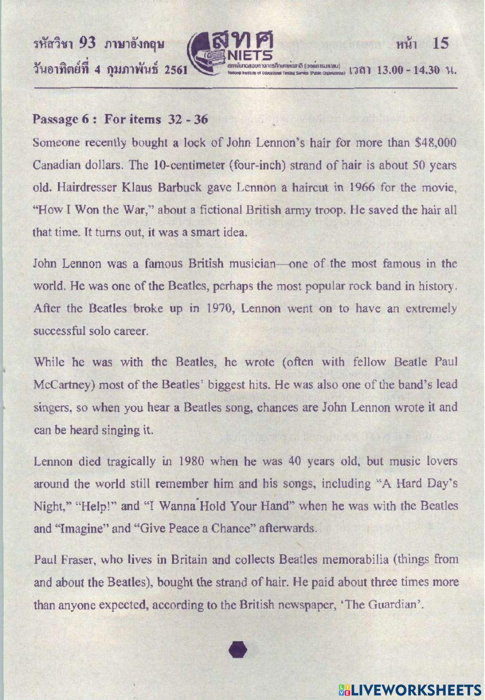 English ONET M.3 2560 Part 2 No.19-35