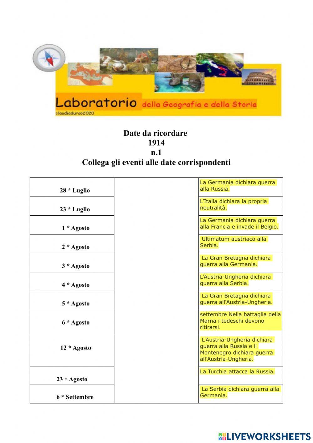 Collega eventi e date - 1914 - I Guerra Mondiale