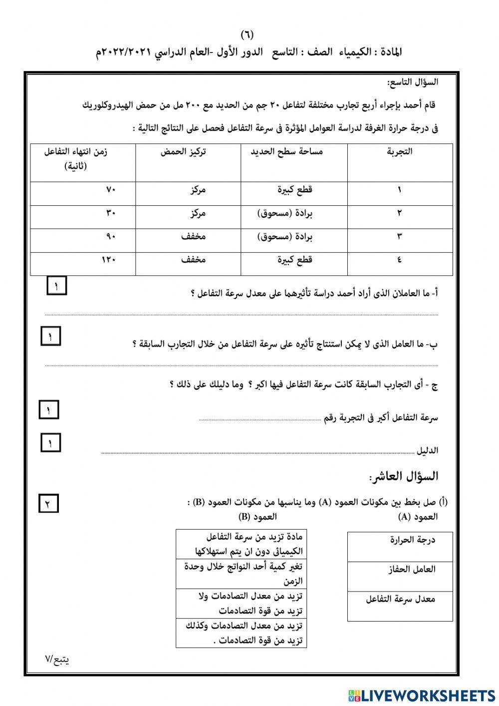 اختبار مادة الكيمياء للصف التاسع للفصل الدراسي الاول