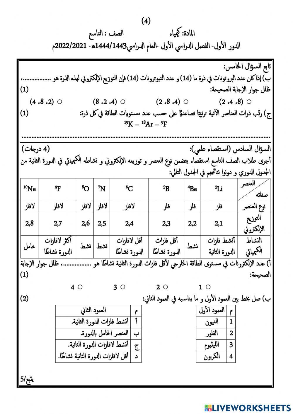 اختبار مادة الكيمياء للصف التاسع  الفصل الدراسي الاول النموذج2