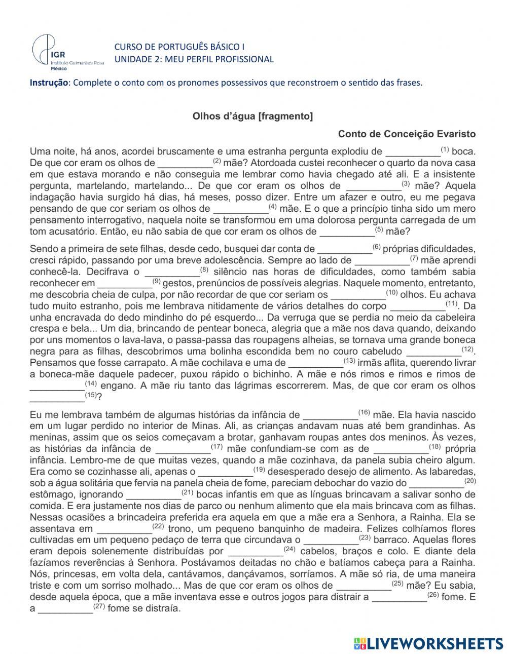 Olhos d’água fragmento com exercício de possessivos
