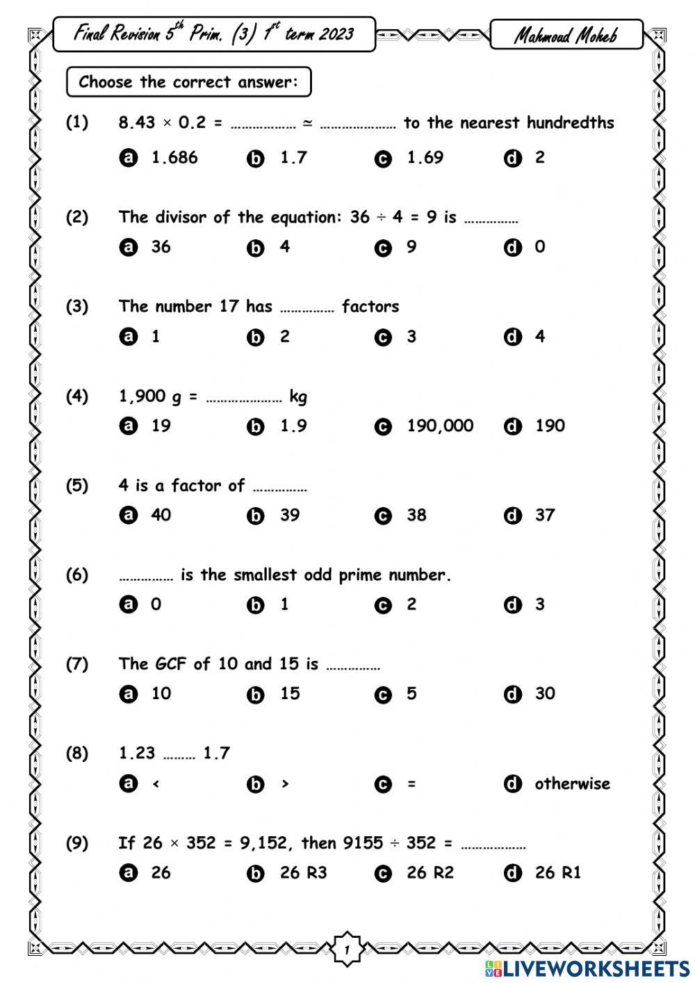 Math pr 5 1st term exam model egypt worksheet Live Worksheets