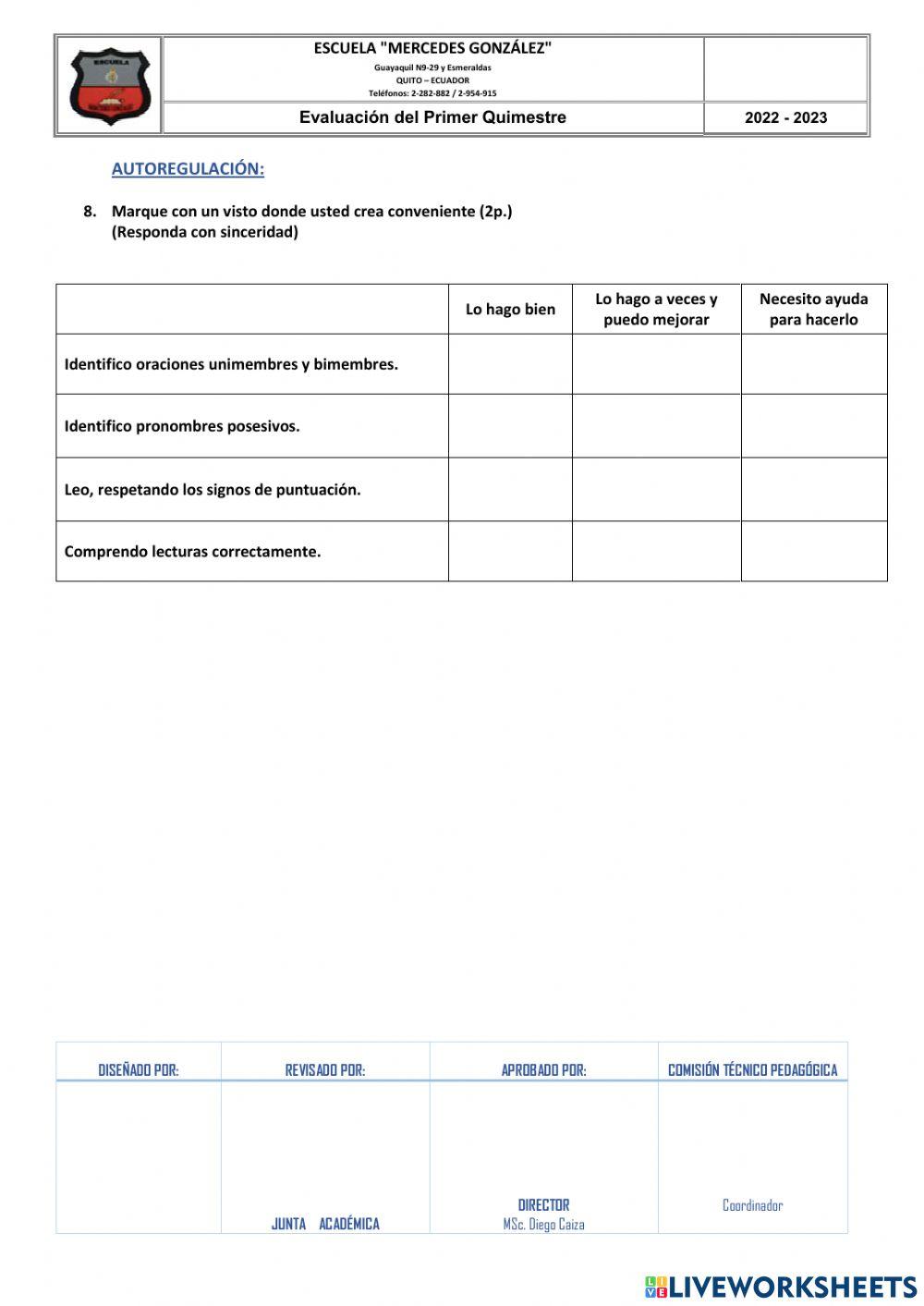Examen Quimestral Lengua y Literatura