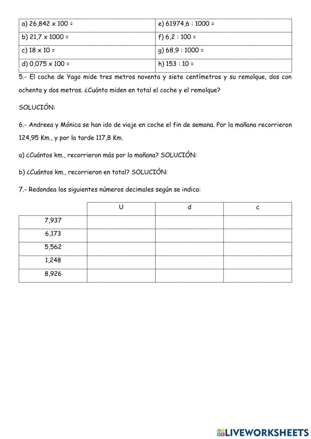 Examen números decimales