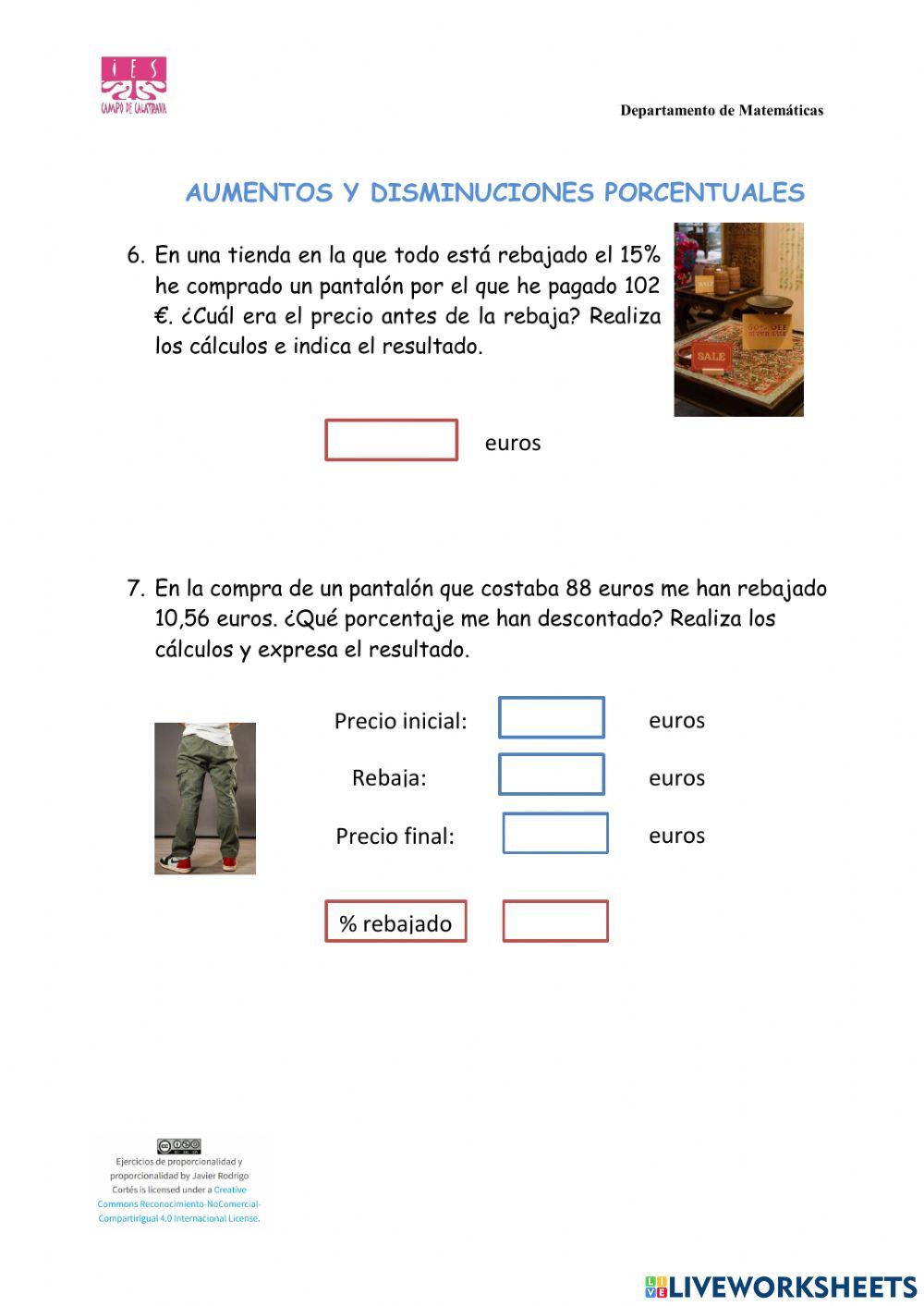 Ejercicios proporcionalidad y porcentajes