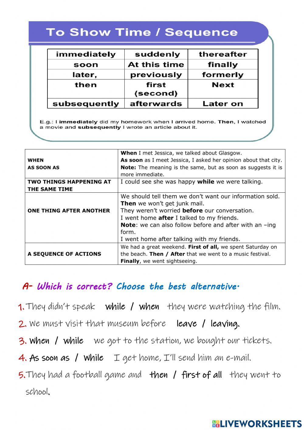 AET Sec Connectors, Linking words of Time & Sequence