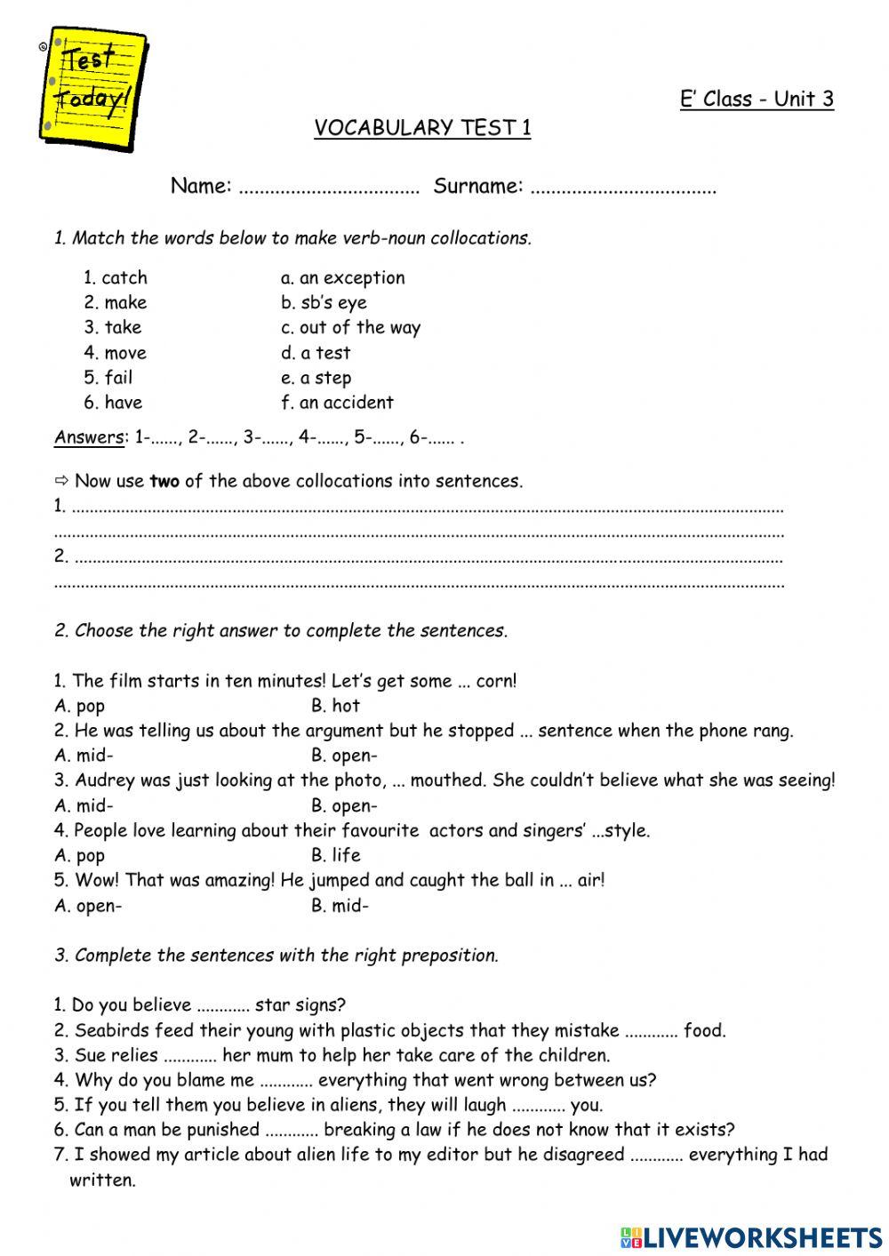 Cosmic B1+ Unit 3 Vocabulary Test 3.1
