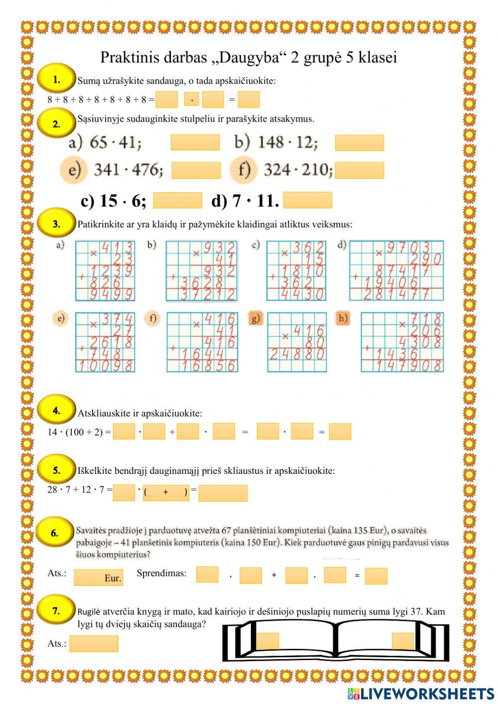 Praktinis darbas Natūraliųjų skaičių daugyba2. 5 klasei