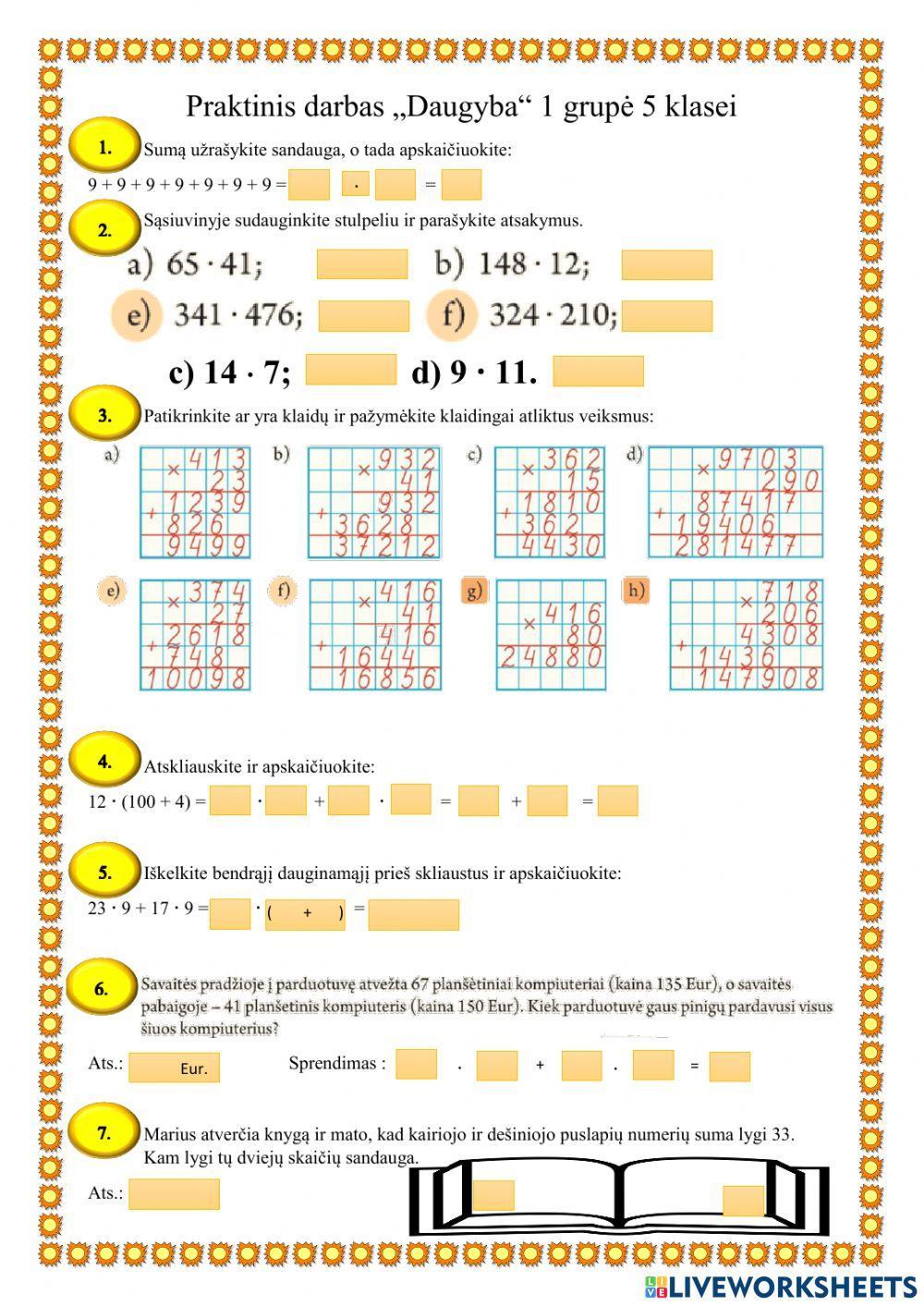 Praktinis darbas Natūraliųjų skaičių daugyba1. 5 klasei