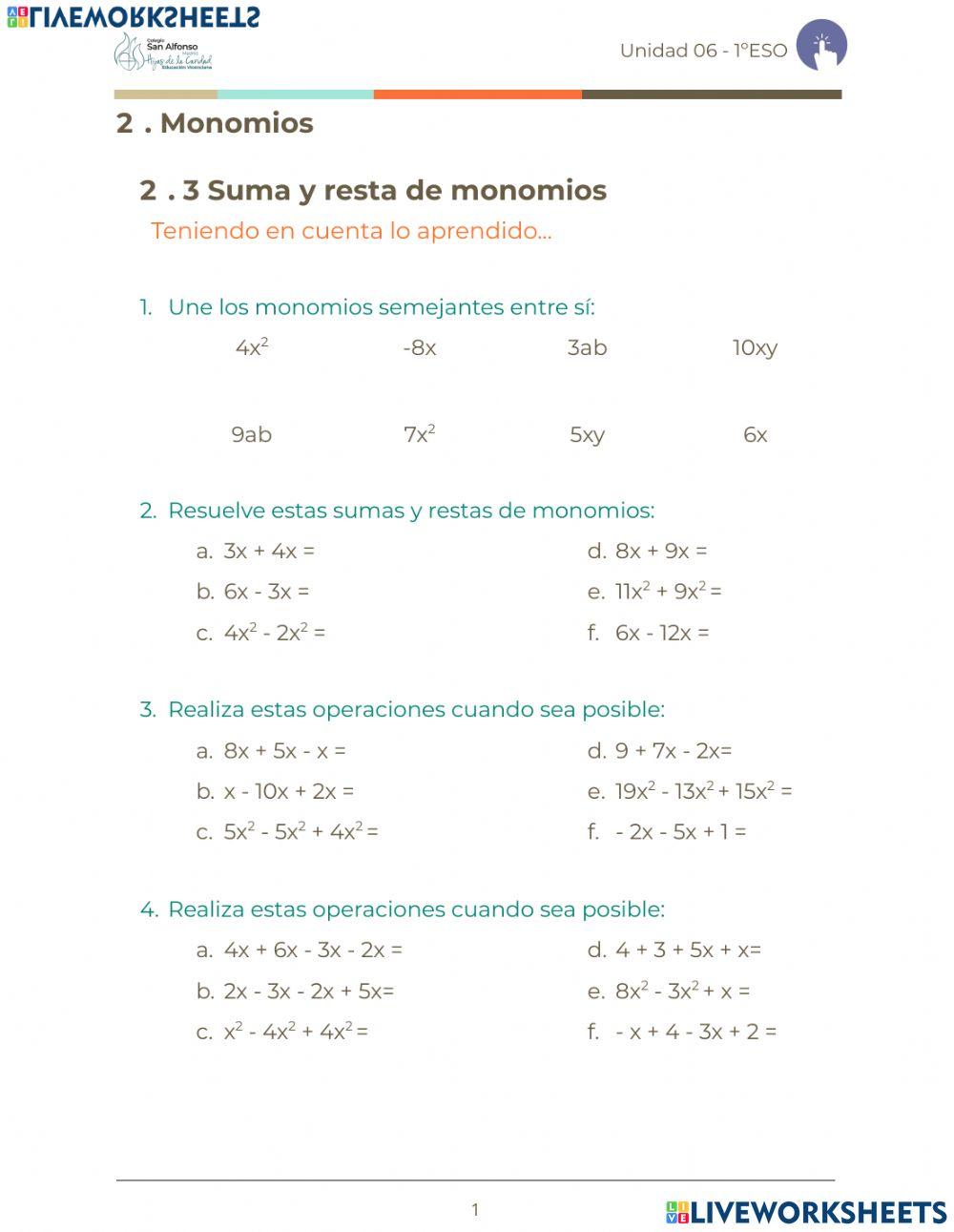 Suma y resta de monomios online worksheet live worksheets