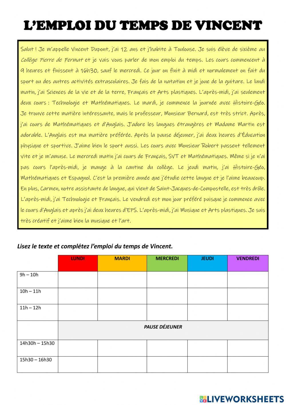 L'emploi du temps de Vincent