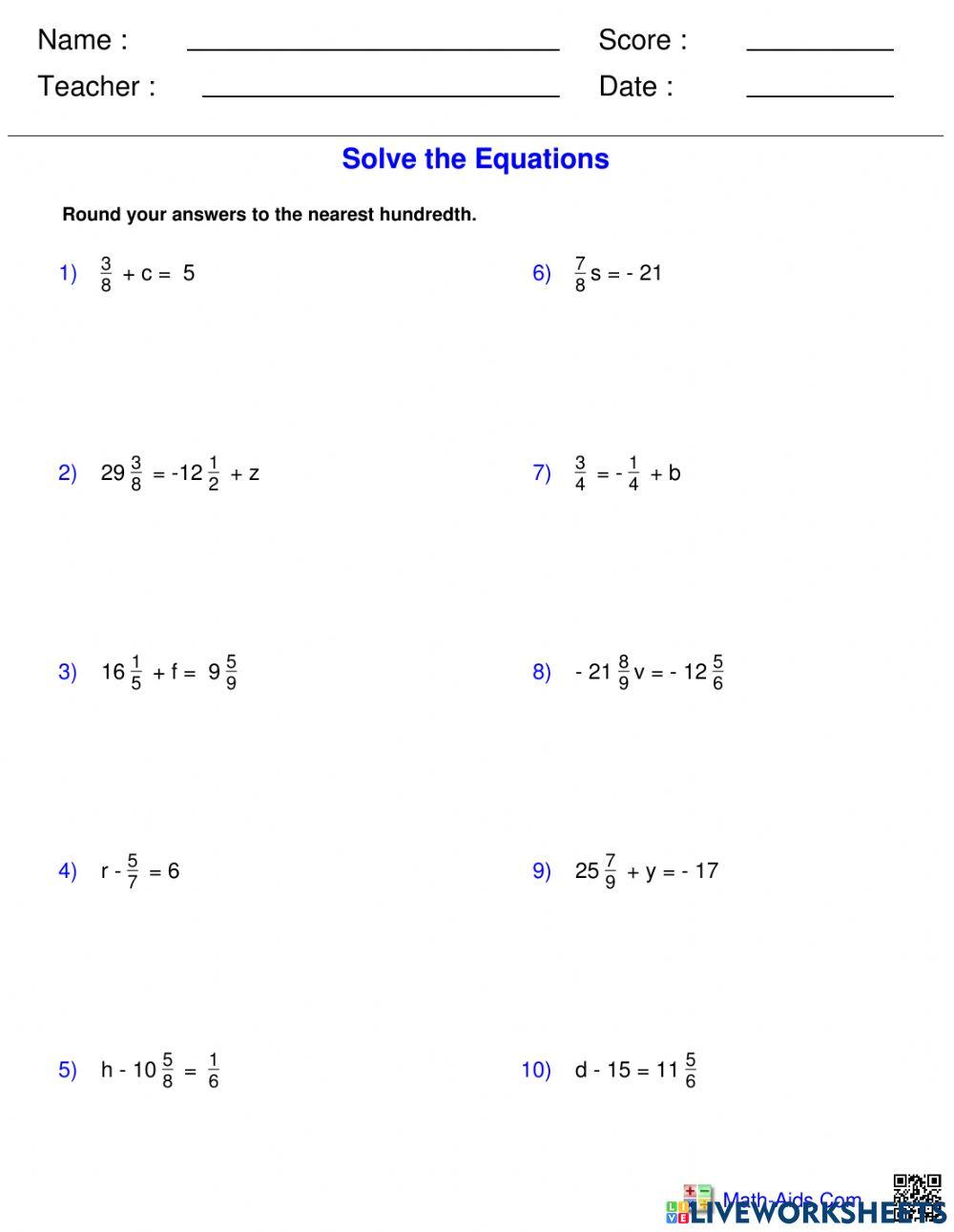 Single step equations with fractions online exercise for Live Worksheets
