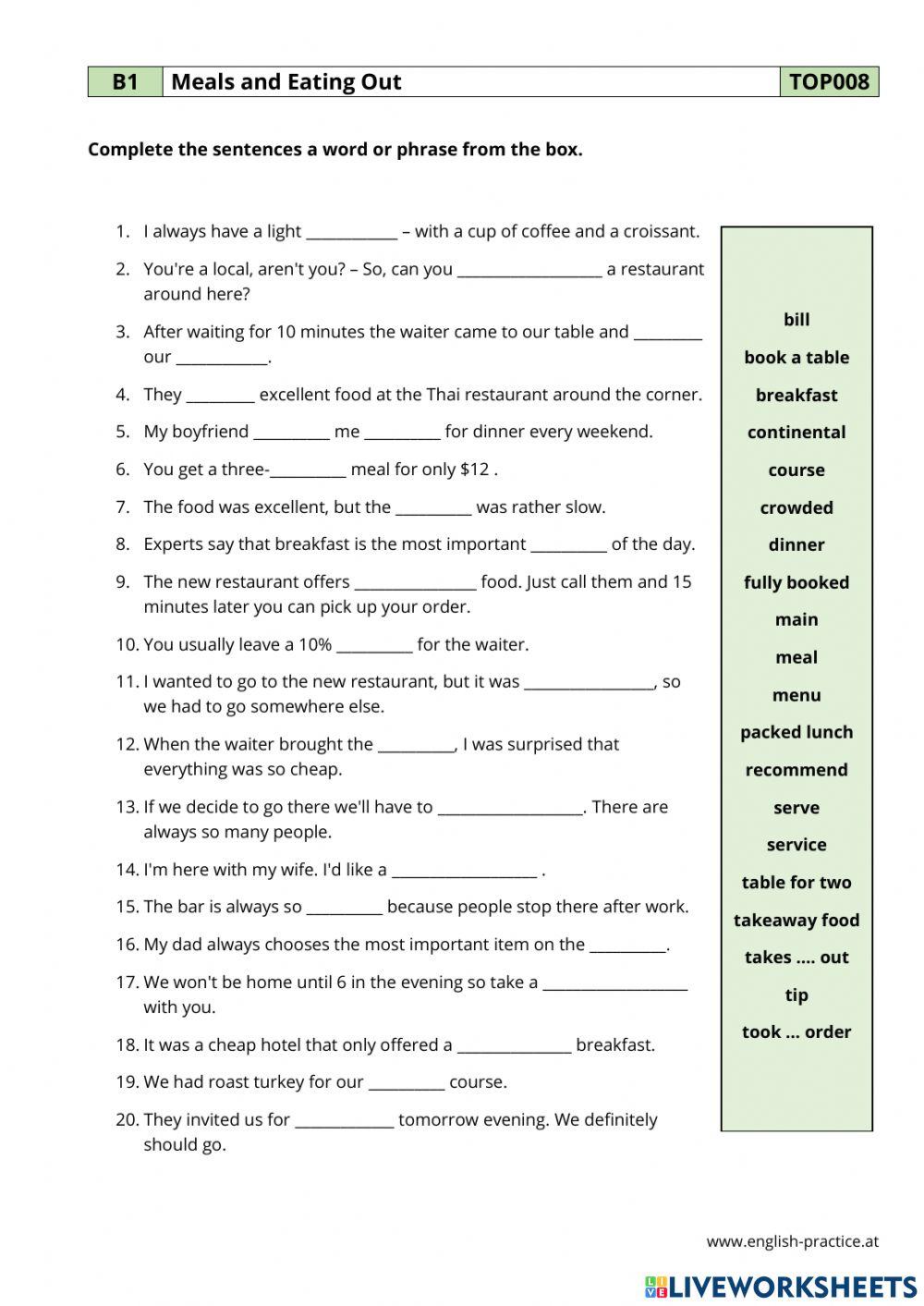 Meals and eating out