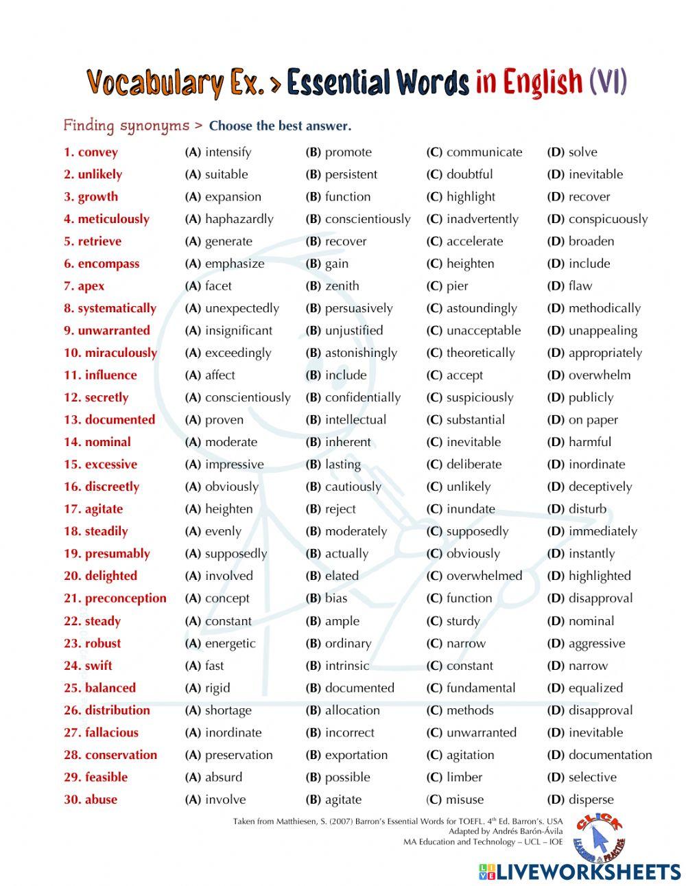 Vocabulary Ex.: Essential Words for the TOEFL (VI)