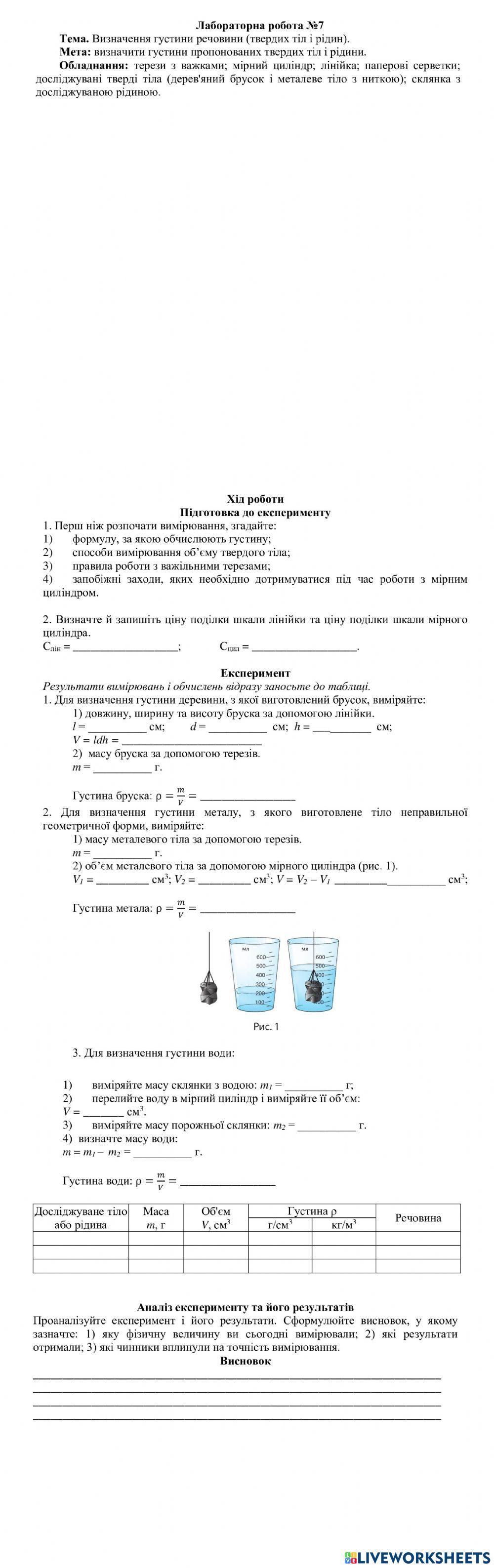 Лабораторна робота №7 Вимірювання густин твердого тіла та рідин