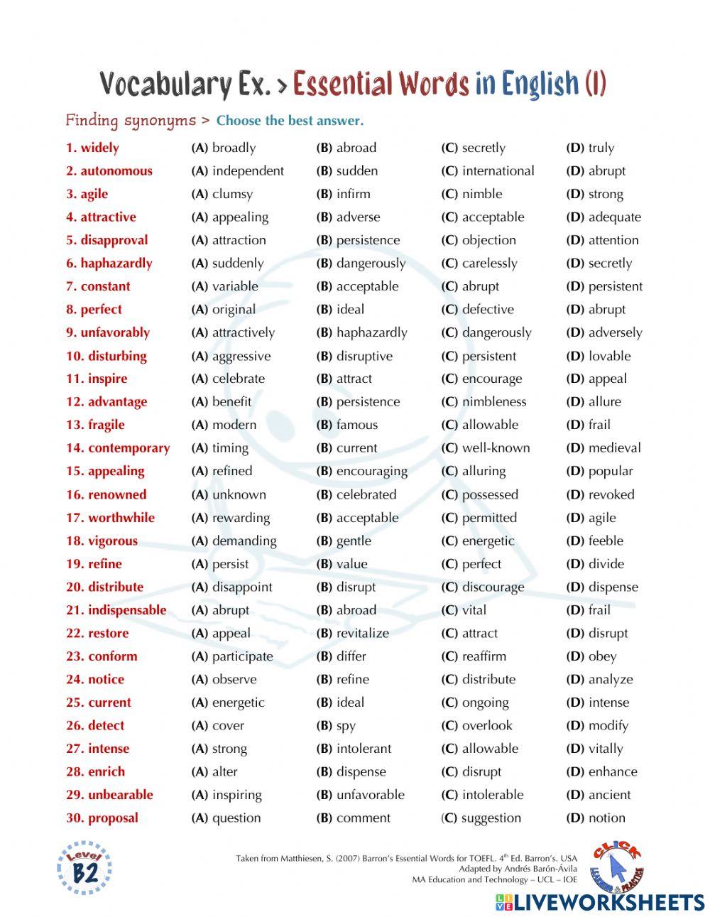 Vocabulary Ex.: Essential Words in English (I)