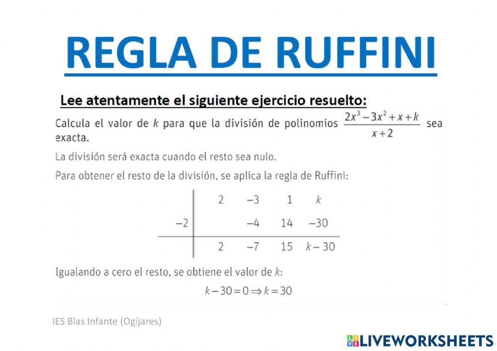 Regla de ruffini (cañcula el valor de k)