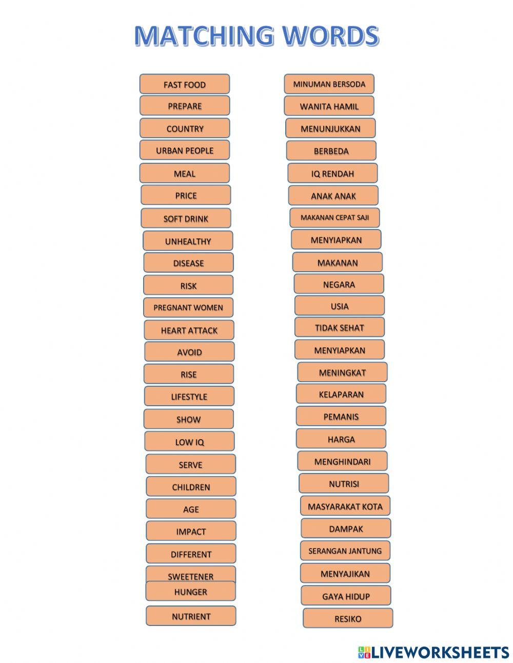 Matching word worksheet | Live Worksheets