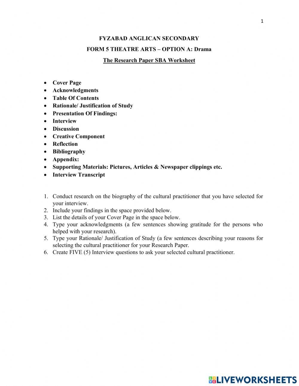 Form 5 CSEC Theatre Arts Research Paper SBA Worksheet