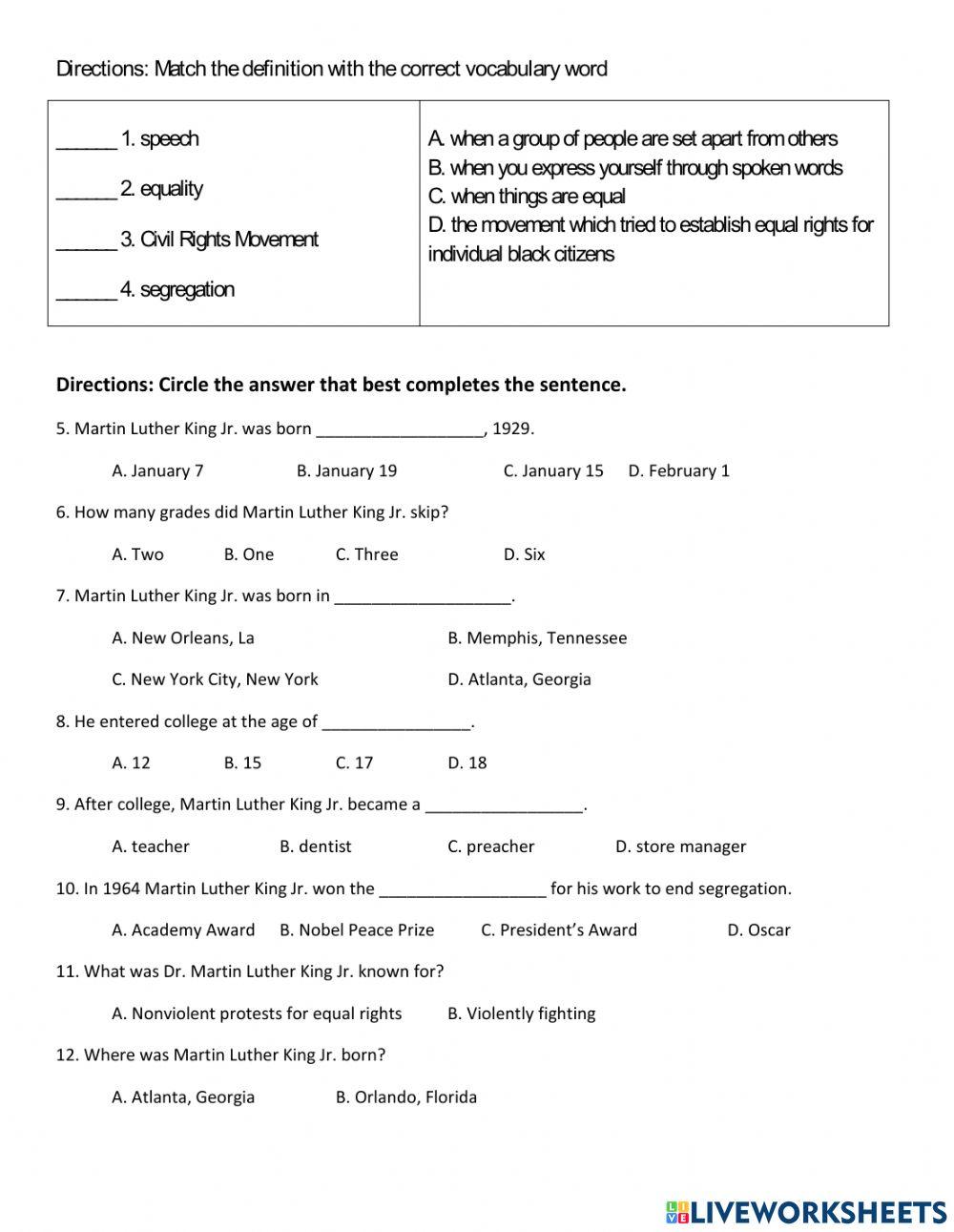 Martin Luther King Reading Comp