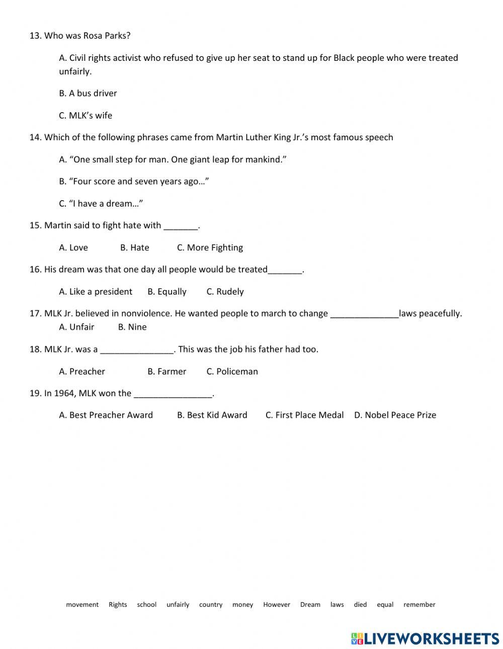 Martin Luther King Reading Comp