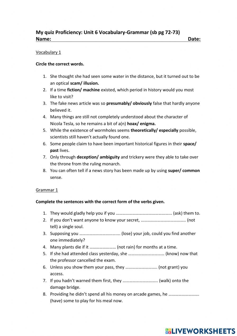 My quiz Proficiency Unit 6 Vocabulary