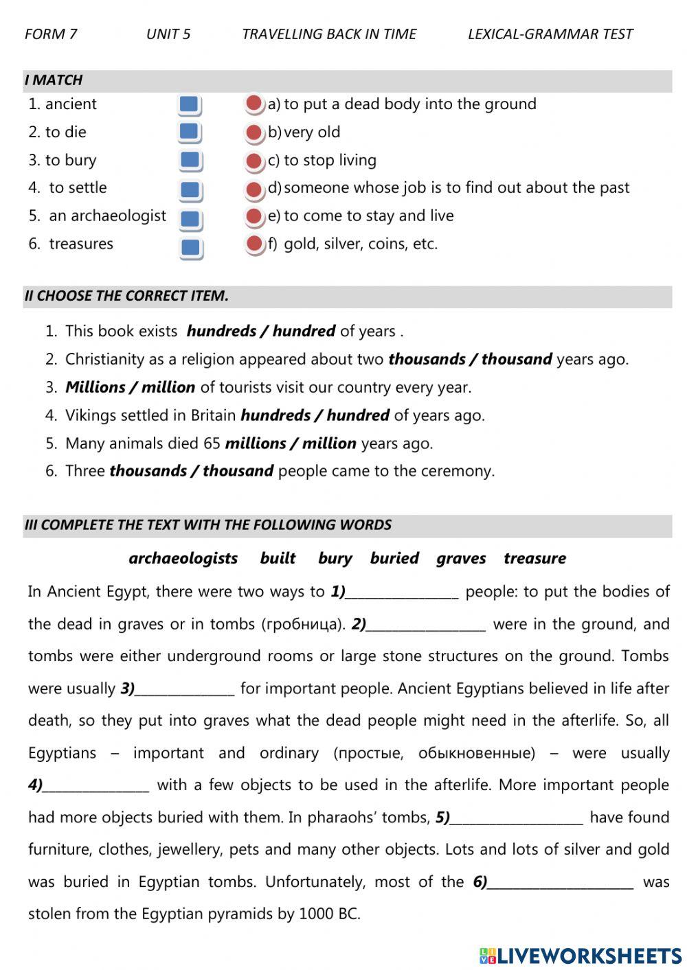 Travelling back in time Form 7 Unit 5 TEST