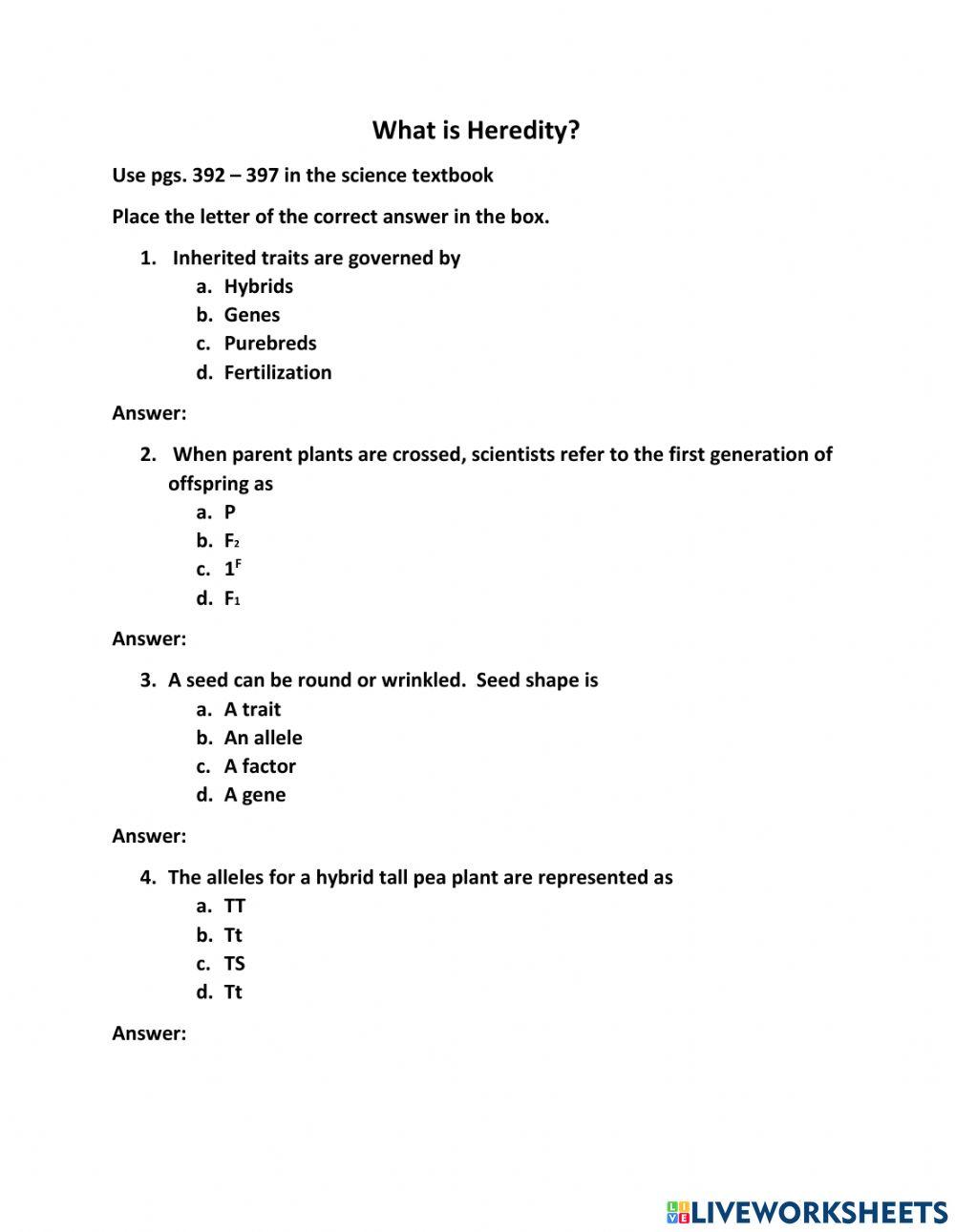 What is heredity book exercise online exercise for live worksheets