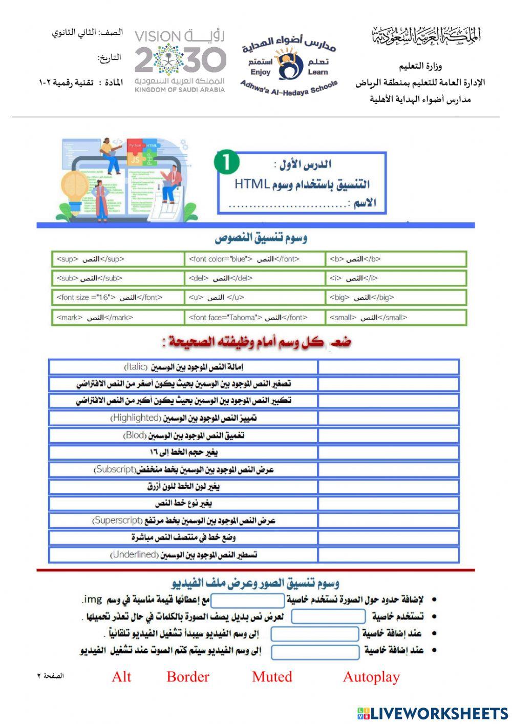 تقنية رقمية 2-1  الوحدة الثالثة الدرس الأول التنسيق باستخدام وسوم