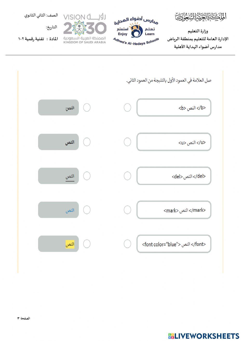 تقنية رقمية 2-1  الوحدة الثالثة الدرس الأول التنسيق باستخدام وسوم