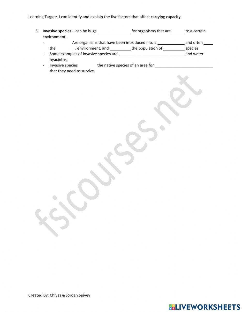 Carrying Capacity Limiting Factors Video Notes worksheet Live Worksheets