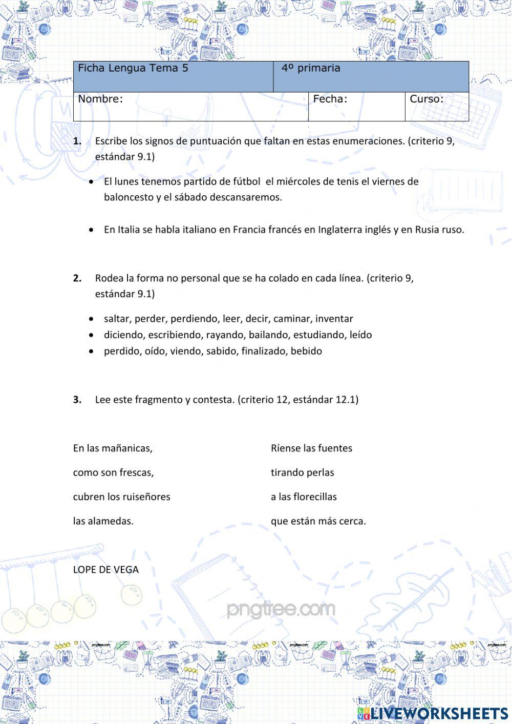 Ficha de lengua Unidad 5 . 4º primaria