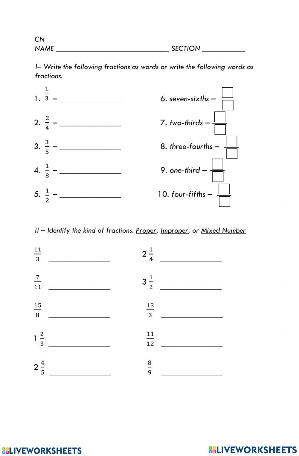 Math 4 Fractions online exercise for Live Worksheets