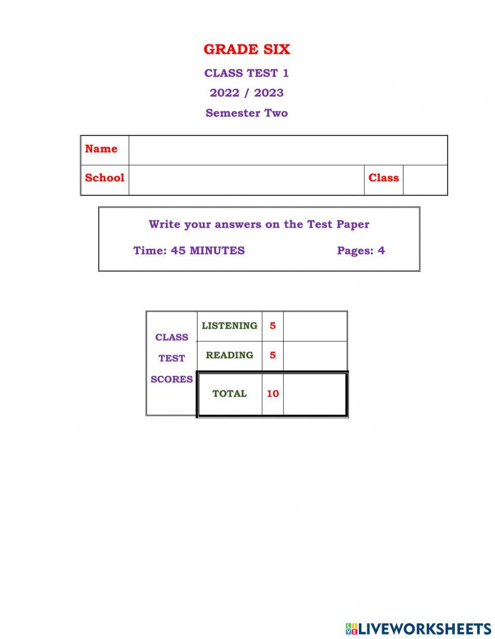 Grade 6 Class Test1 S 2