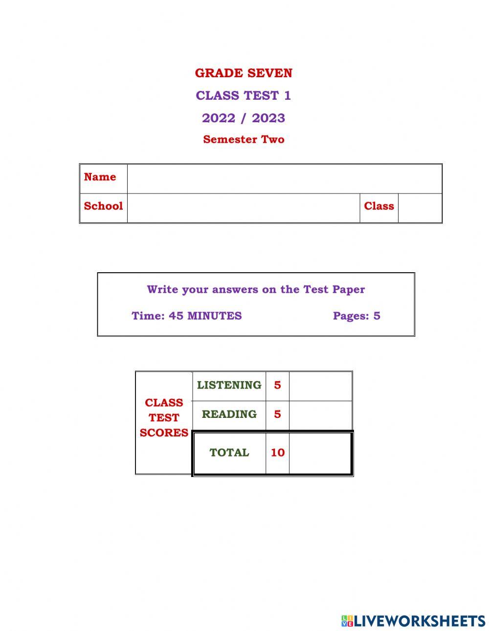 Grade 7 Class test 1 S 2
