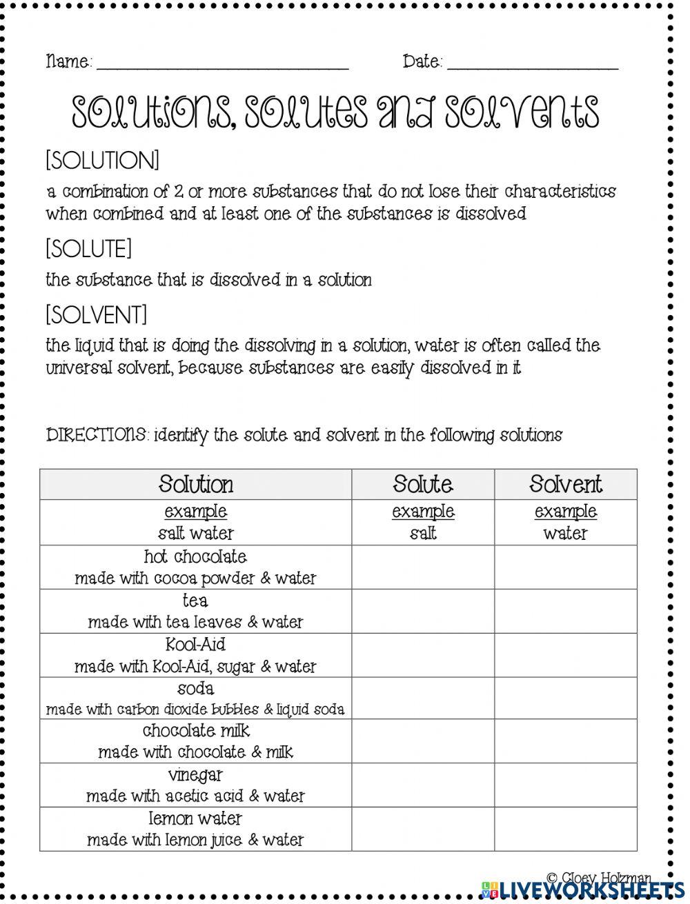 Solutions: solvents and solutes online exercise for Live Worksheets