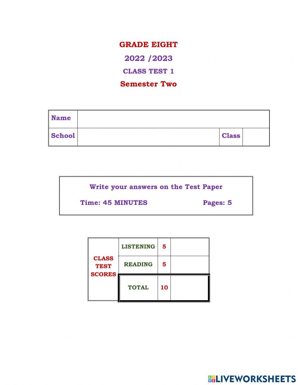 Grade 8 Class Test 1 S 2