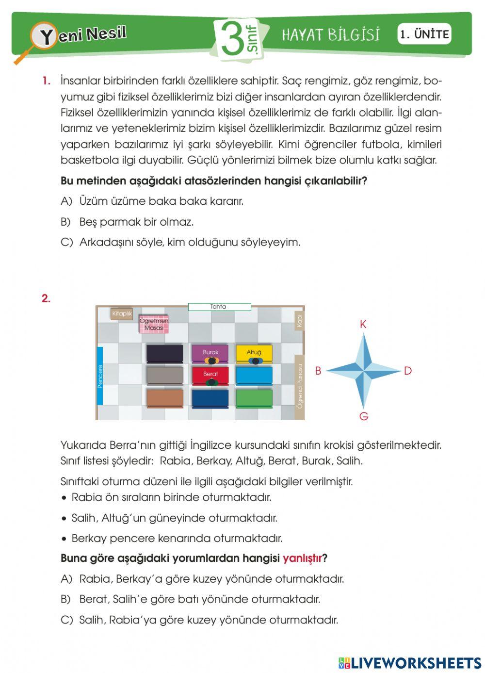 Hayat Bilgisi Yeni Nesil Deneme Sınavı-1