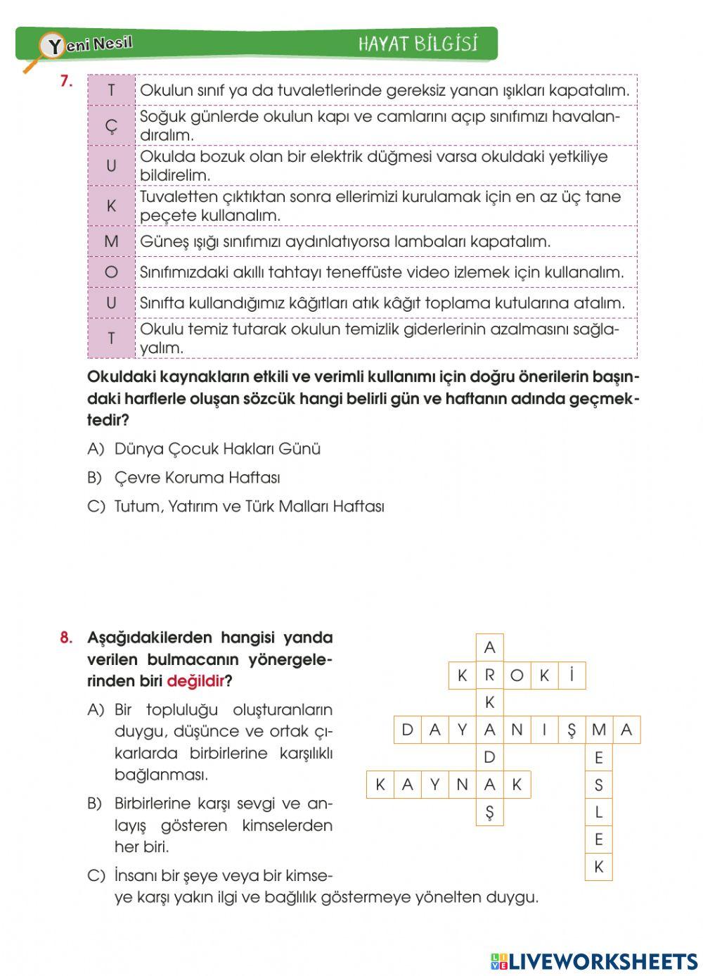 Hayat Bilgisi Yeni Nesil Deneme Sınavı-1