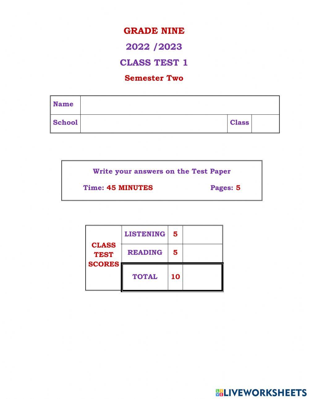 Grade 9 Class Test 1 S 2