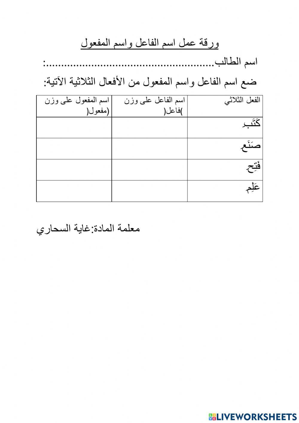 ورقة عمل اسم الفاعل واسم المفعول