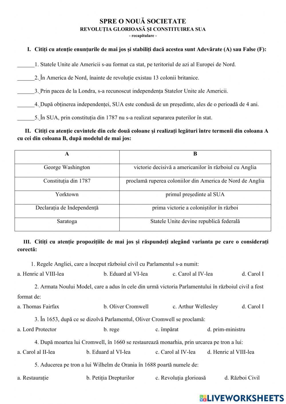 Revolutia Glorioasă-Constituirea SUA