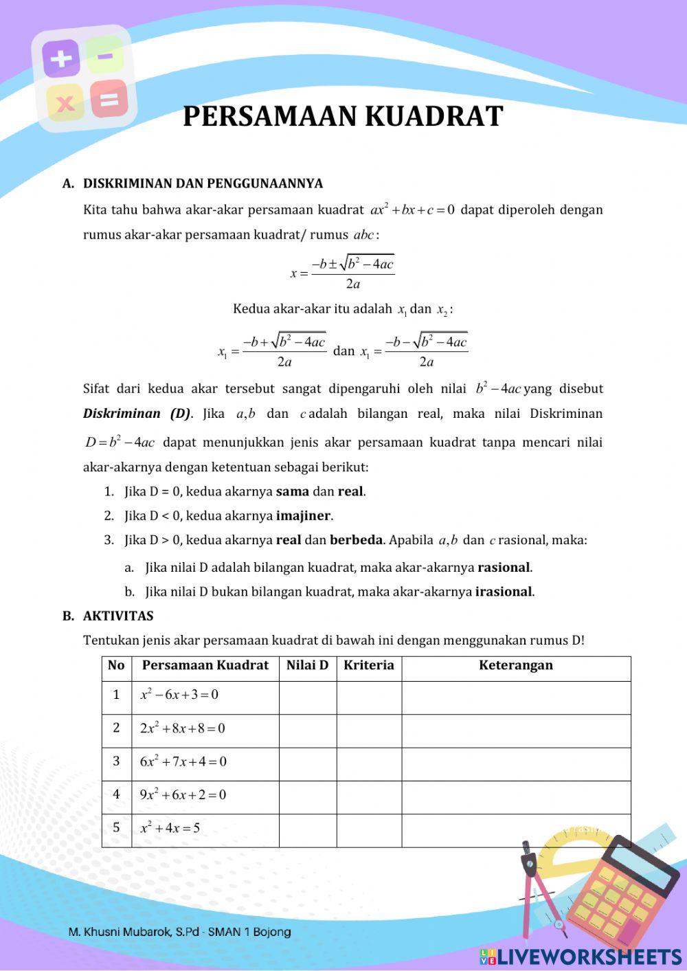 Persamaan Kuadrat - Jenis Akar Berdasarkan Diskriminan (Barock) Persamaan Kuadrat - Jenis Akar Berdasarkan Diskriminan (Barock)