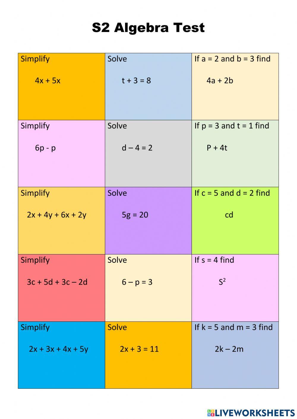 WW S2 Algebra Test worksheet Live Worksheets