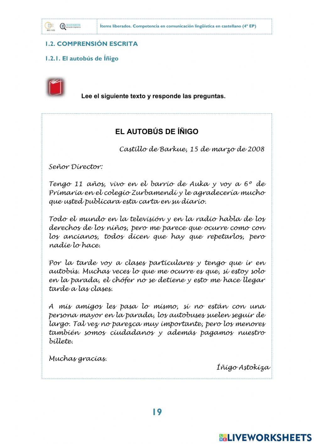 El autobús de Íñigo - Comprensión lectora