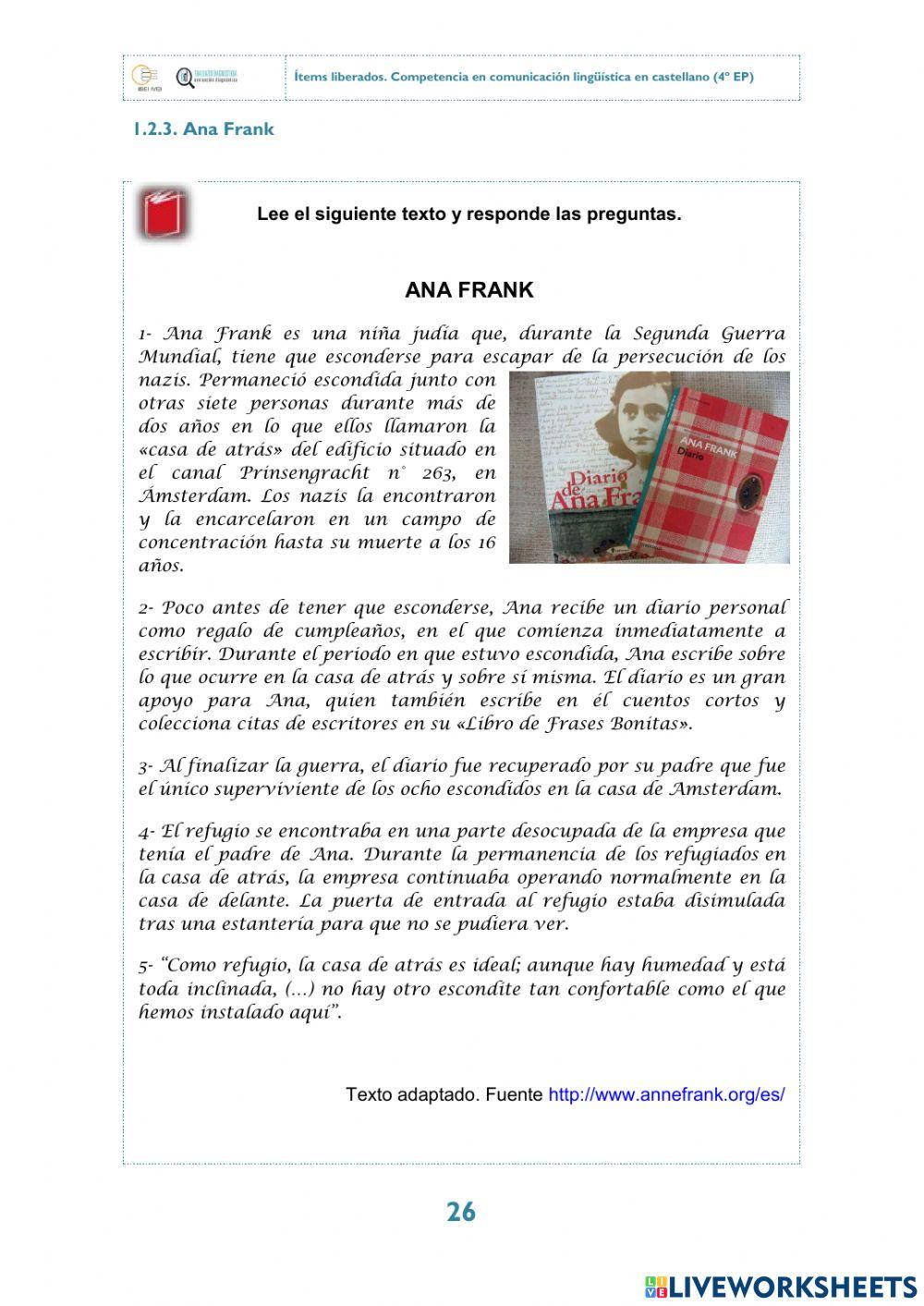 El diario de Anna Frank - Comprensión lectora