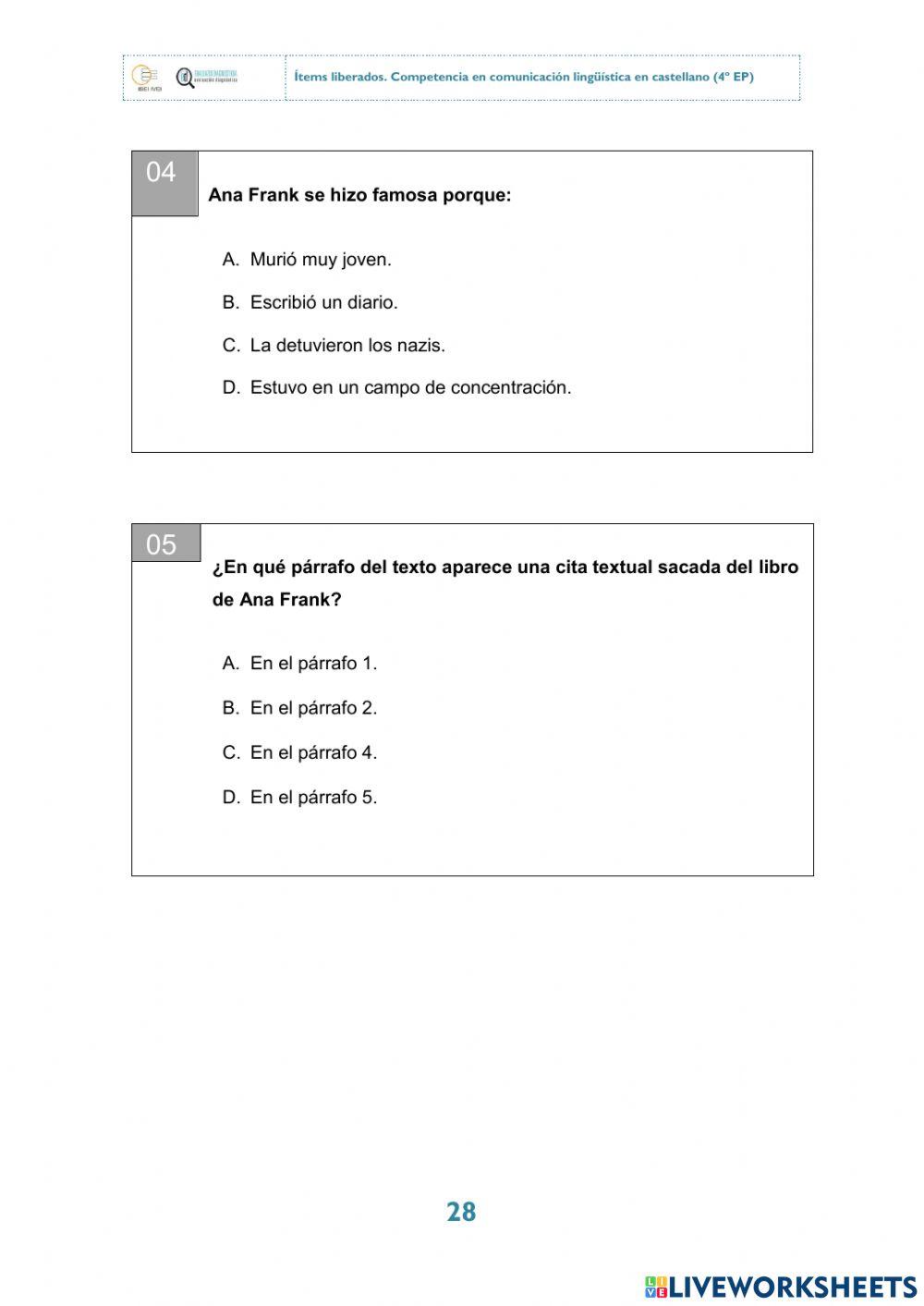 El diario de Anna Frank - Comprensión lectora