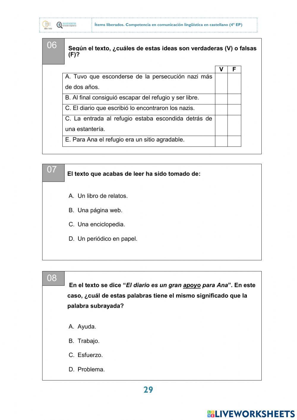 El diario de Anna Frank - Comprensión lectora