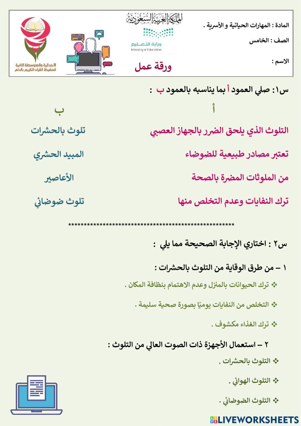 التلوث داخل المنزل (تلوث بالحشرات و الضوضائي) الصف الخامس